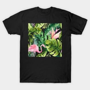 Watercolor Pink Flamingo + Tropical Foliage Pattern T-Shirt